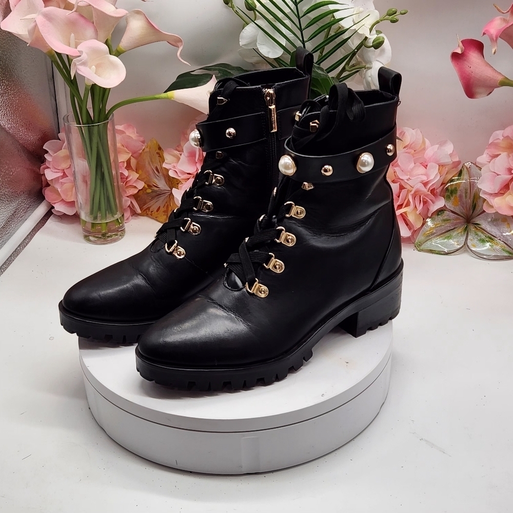 Karl Lagerfeld Lace-up Combat Boots Gold & Pearl Studded Sz 9.5M - Picture 2 of 15